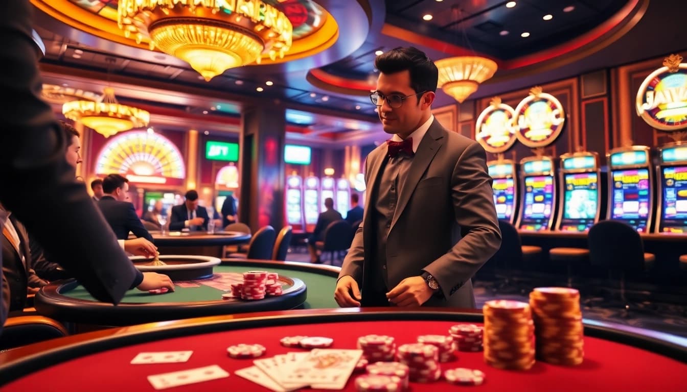 Tập đoàn truyền thông TPJ enhancing excitement at a luxurious casino poker table.