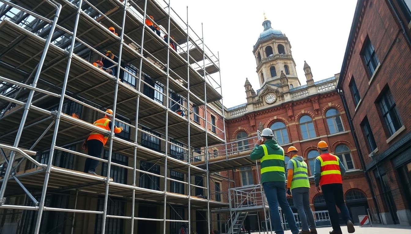 Scaffolding Manchester team constructing a scaffold structure around a historic building.