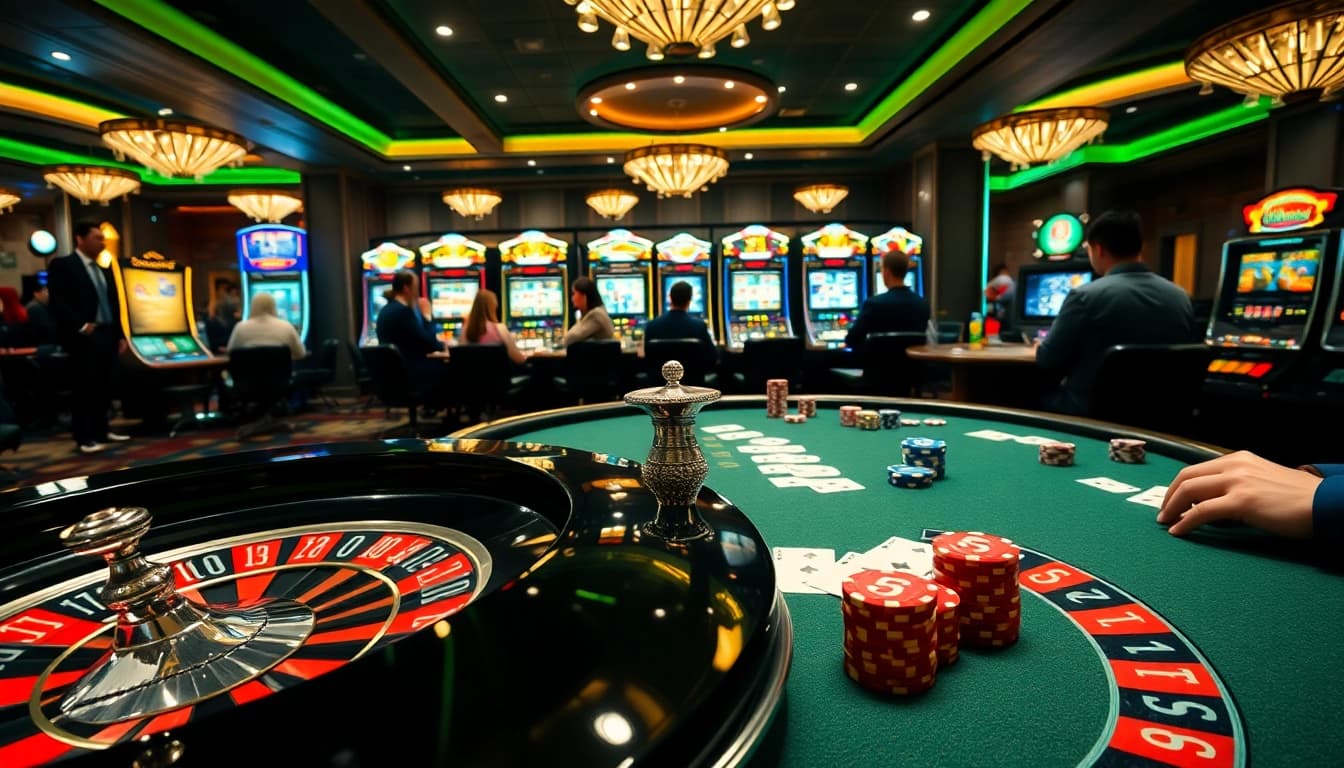 Exciting casino scene with roulette and poker games, showcasing https://hb88.jp.net/ for gamblers.