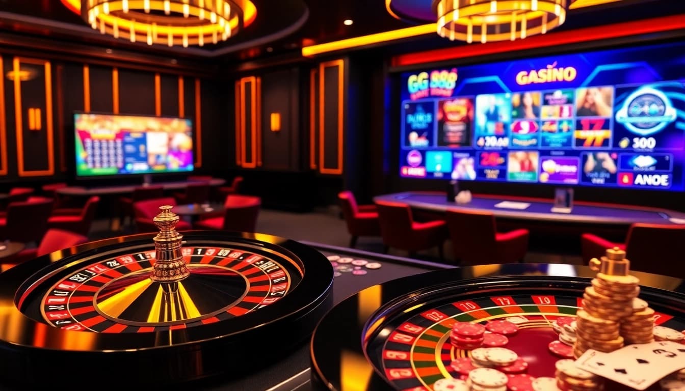 Engaging GG 88 online gambling scene featuring roulette wheel, poker chips, and stylish card games.