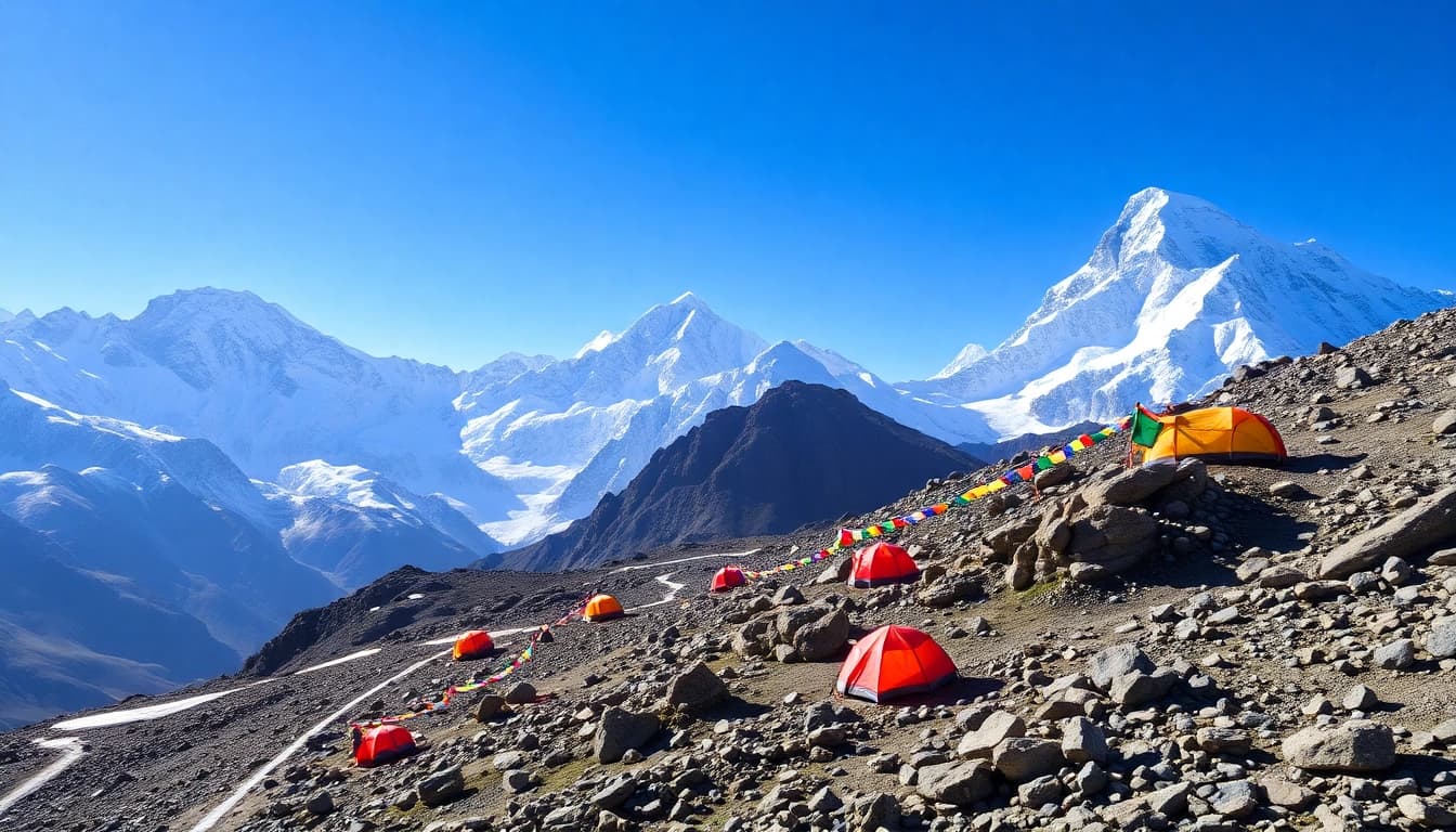 Mount Everest Base Camp trek showcasing stunning Himalayan peaks and prayer flags.