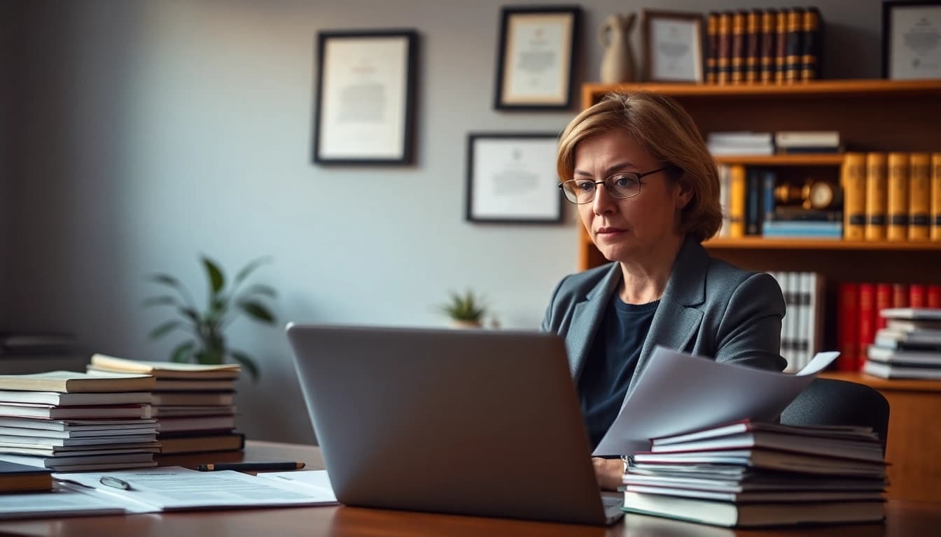 Sworn translator diligently working in a professional office environment, showcasing legal documents and translation materials.