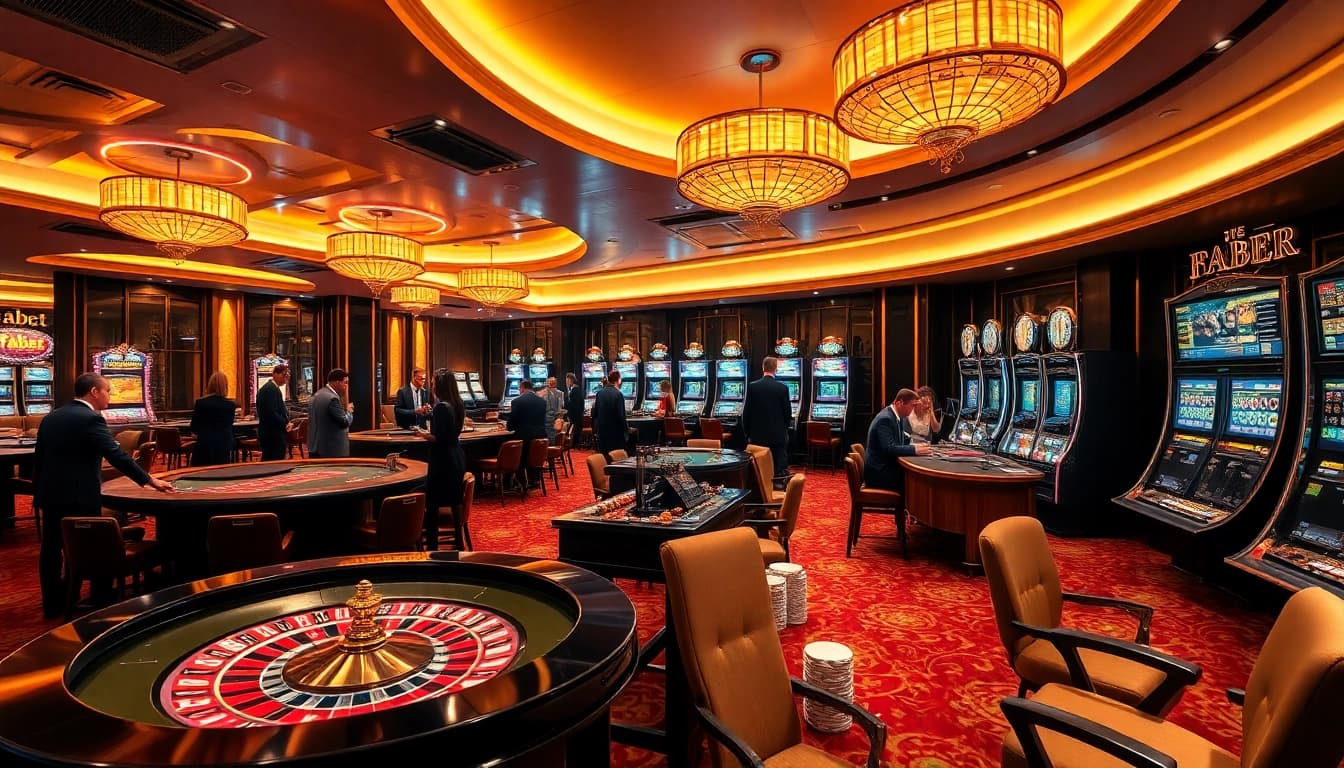 Fabet casino scene with luxurious roulette wheels and poker tables alive with excitement.