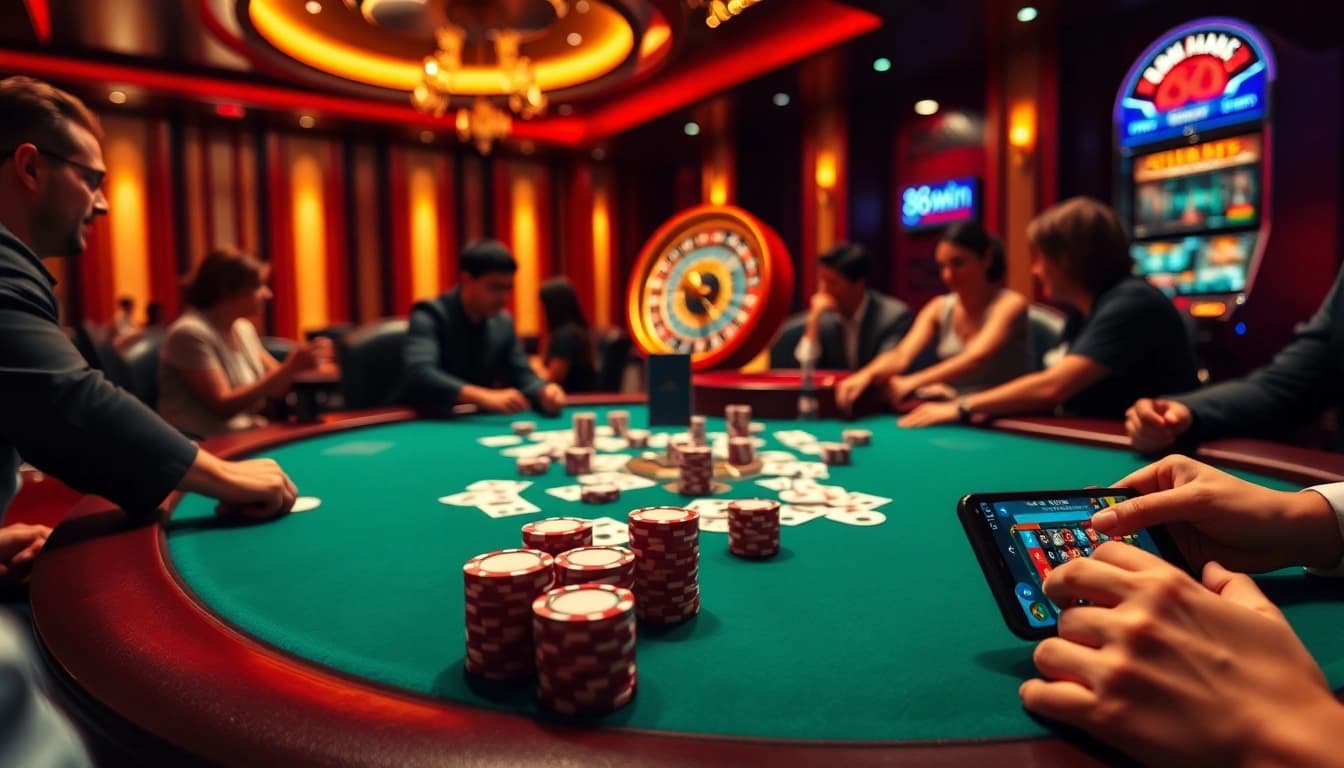 Engage in thrilling gameplay at https://98wincom.best/ showcasing poker chips, cards, and an elegant casino ambiance.
