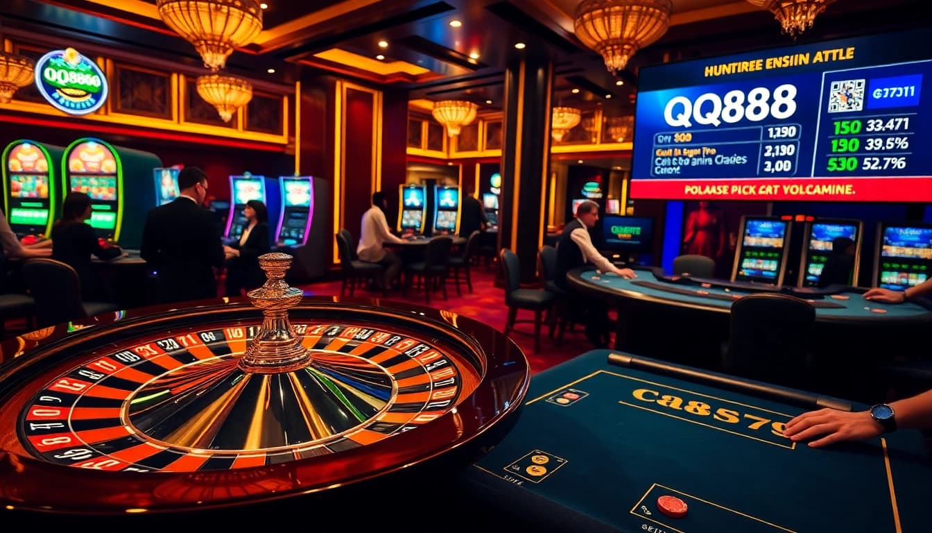 Exciting gameplay at a casino featuring QQ888 with roulette, poker chips, and poker tables.