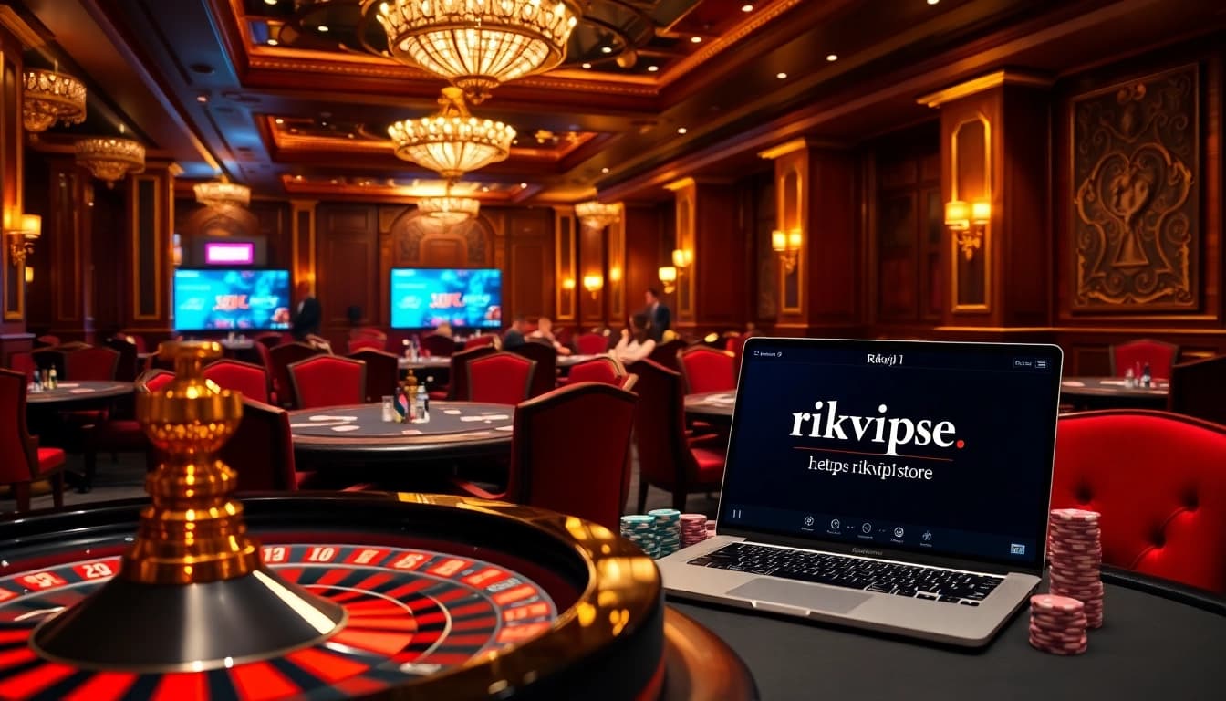 Playing cards and chips at a luxury casino displaying the interface of https://rikvip1.store/ for a thrilling gaming experience.