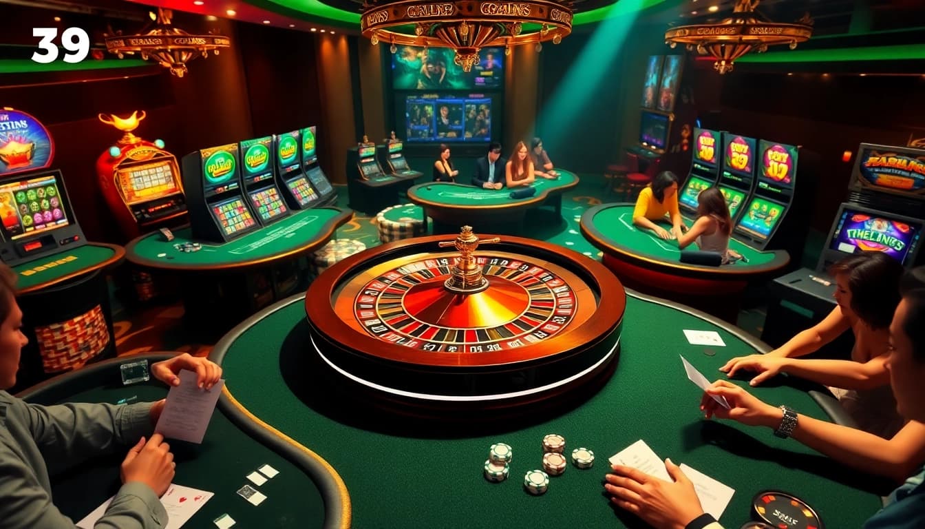 Engaged players at nhà cái 39bet's luxurious casino tables with exciting betting elements.
