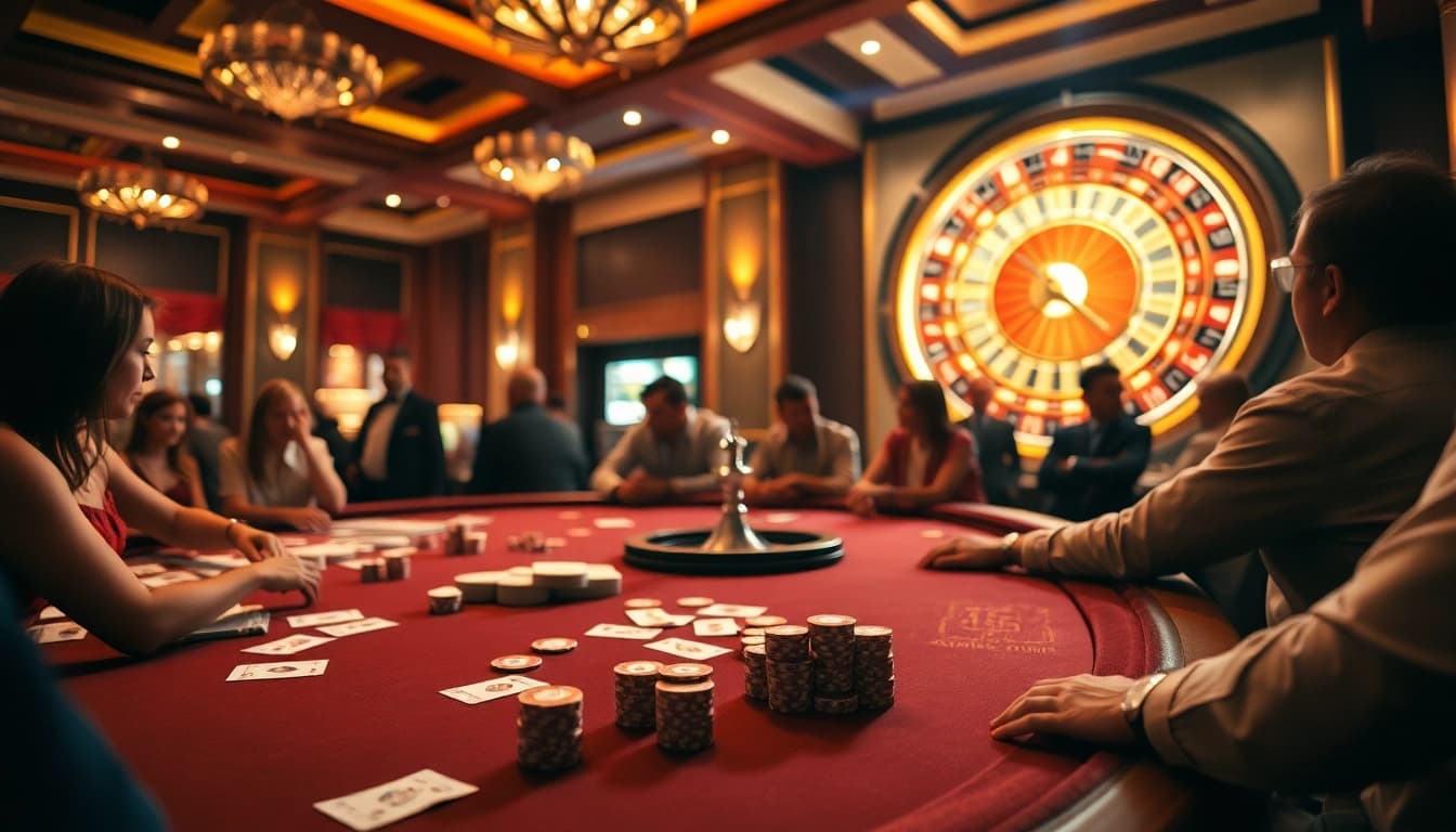 Players engaging in high-stakes betting at a 7m casino table filled with vibrant action.