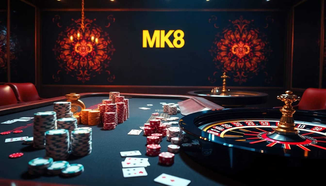 Experience the thrill of MK8 with vibrant casino scenes featuring poker chips and roulette wheels.