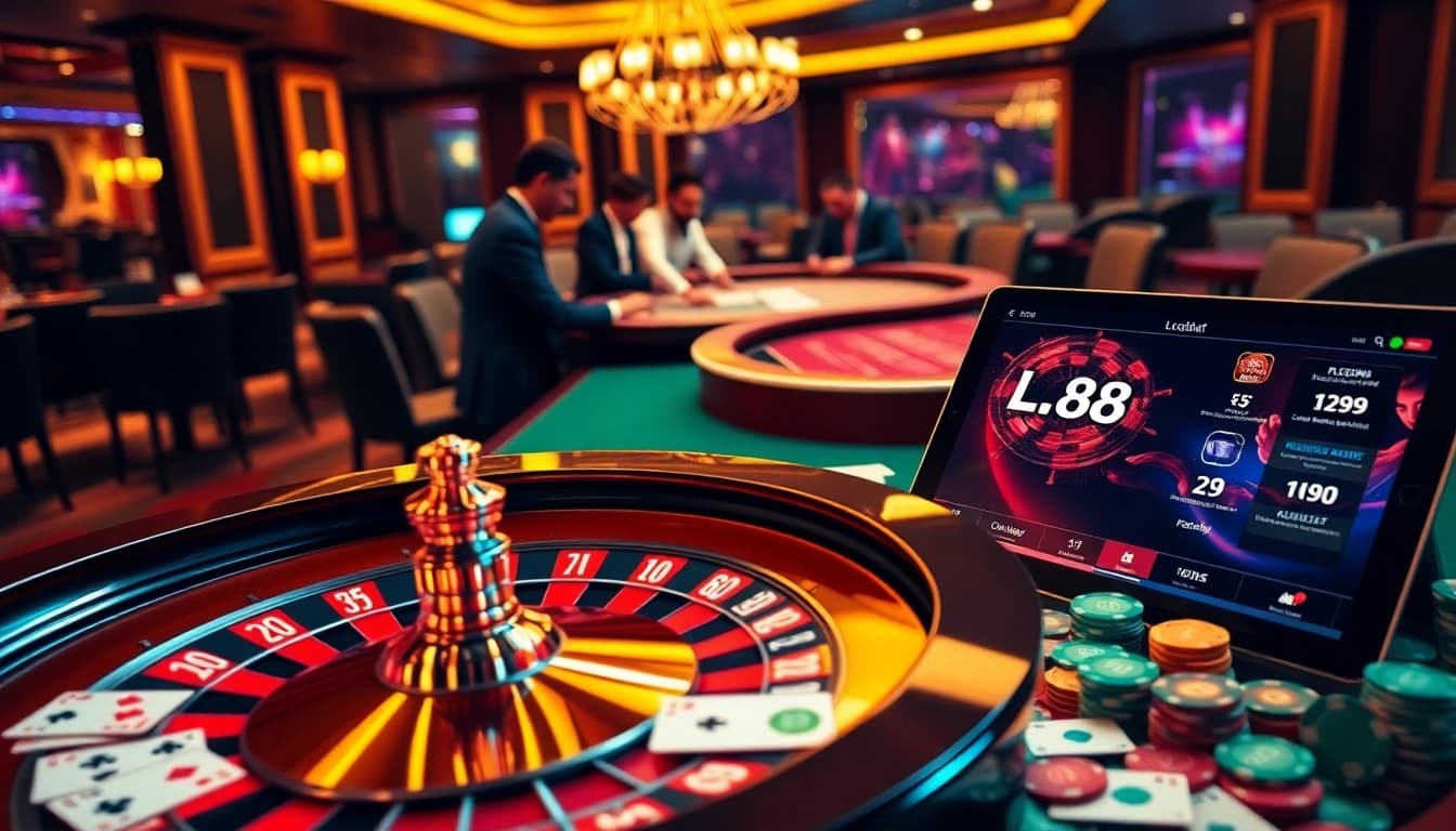 Experience the thrill of Lc88 with vibrant casino tables, poker chips, and immersive gaming.