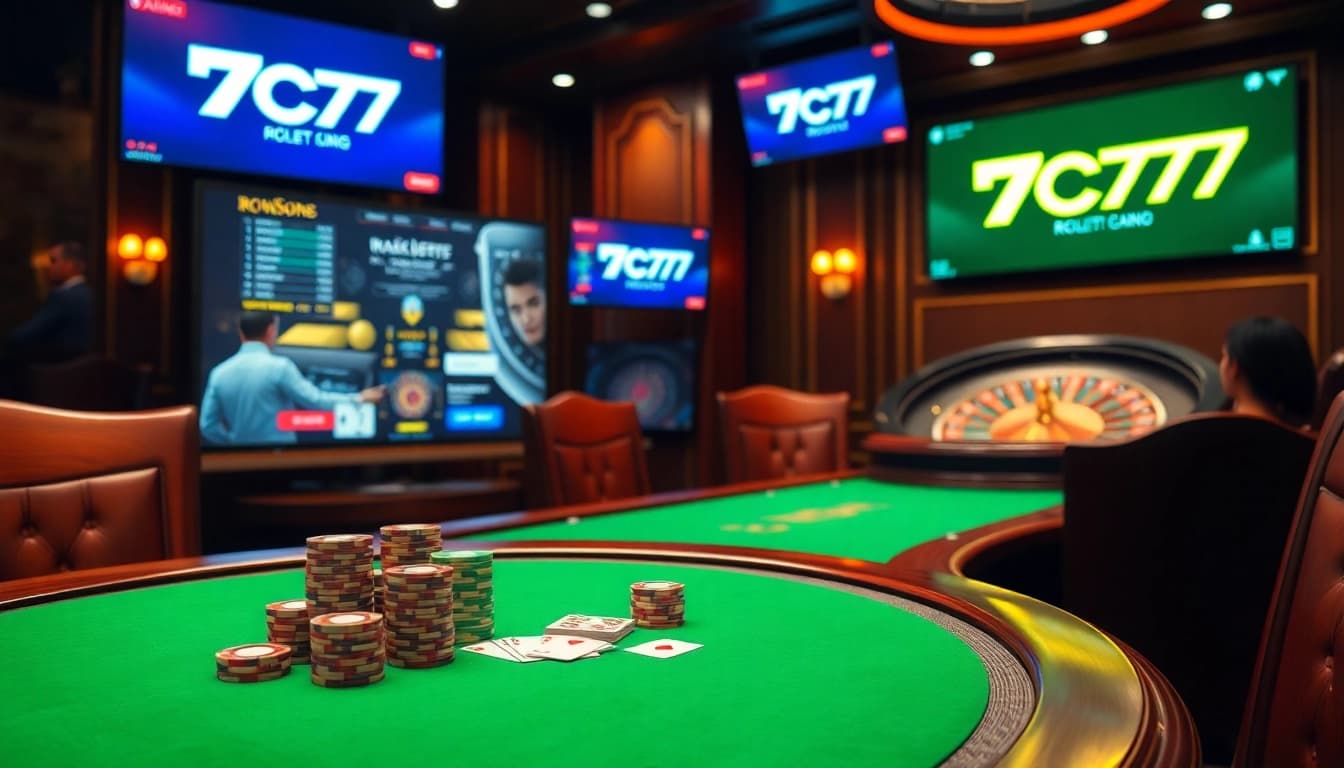 Experience the thrill of 7C77 with vibrant poker chips and a stylish casino table.