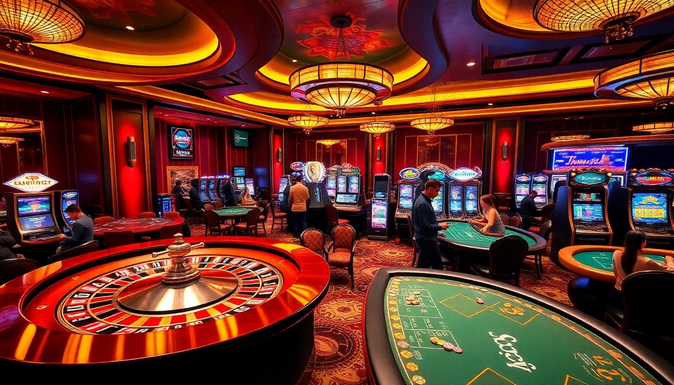 Players enjoying vibrant games at https://rr88.navy/ with roulette wheels and slot machines.