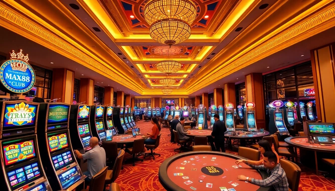 Exciting gaming action at max88 club with vibrant slots and engaged players.