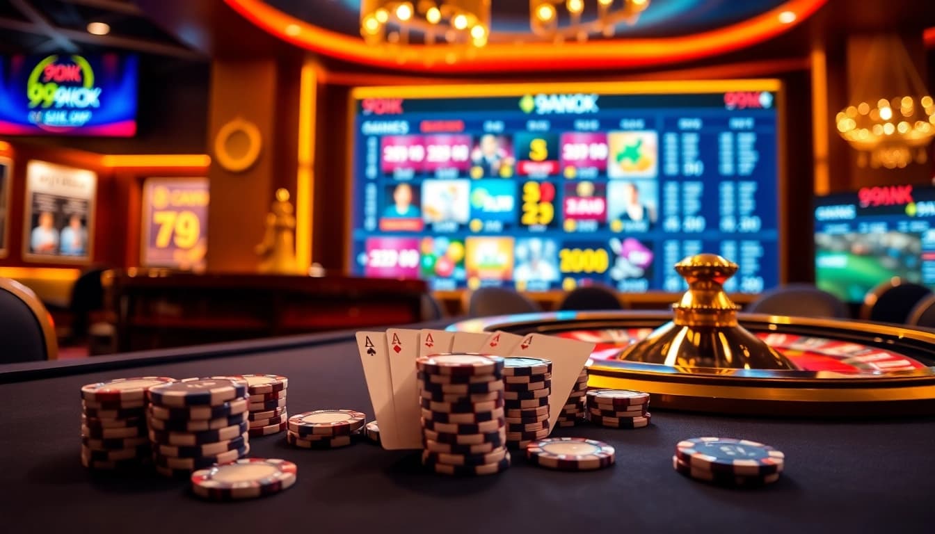 Experience the thrill of gambling at 99OK with luxurious poker chips and vibrant online betting.