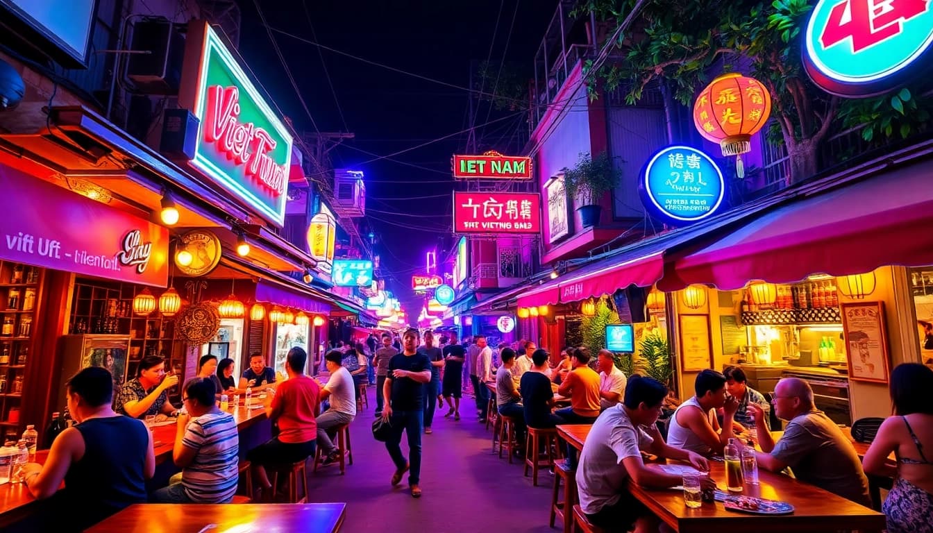 Vibrant 베트남밤문화 nightlife scene with lively bars and colorful neon lights.