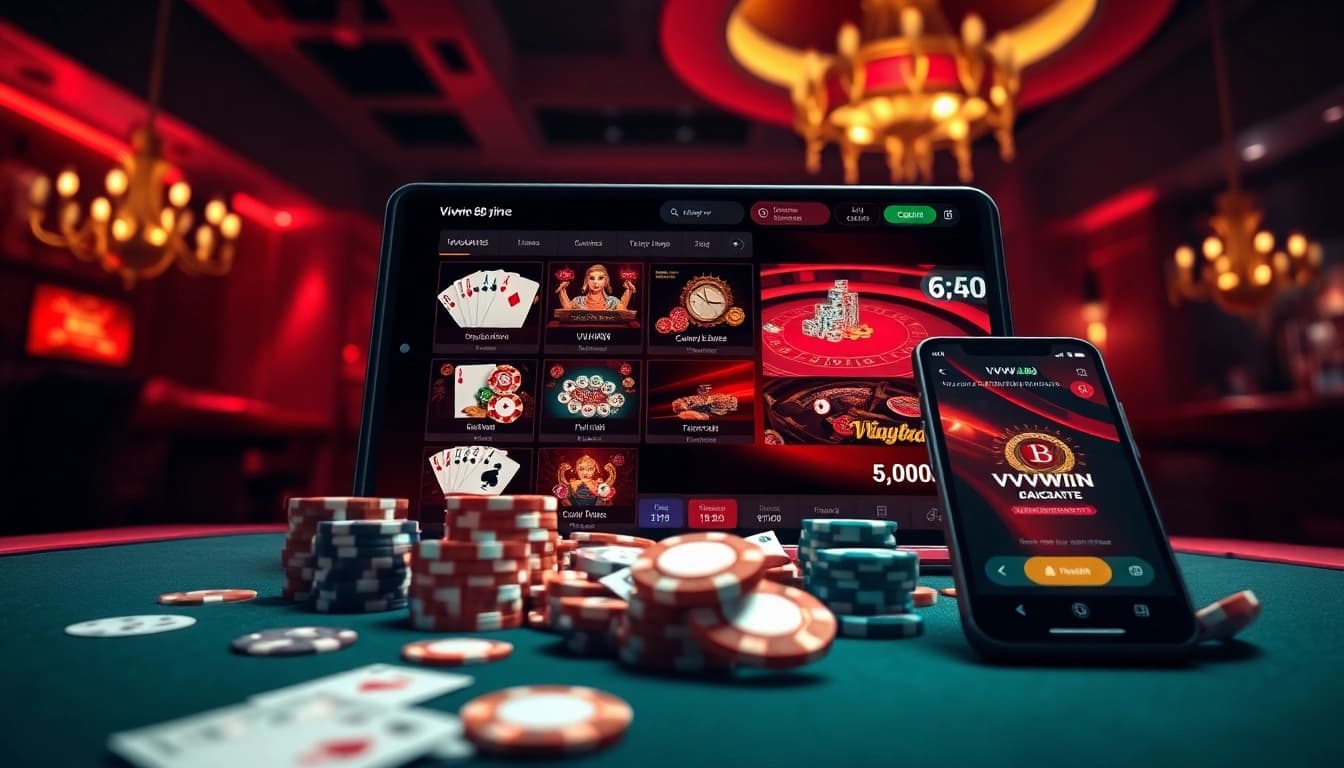 Explore exciting gameplay at vvvwin88.live with a vibrant casino interface showcasing poker, baccarat, and app features.