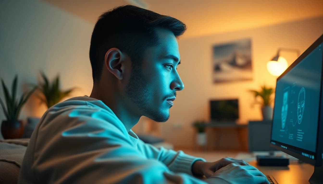 Engaging interaction with an AI companion in a cozy home office, reflecting the theme of sex ai.