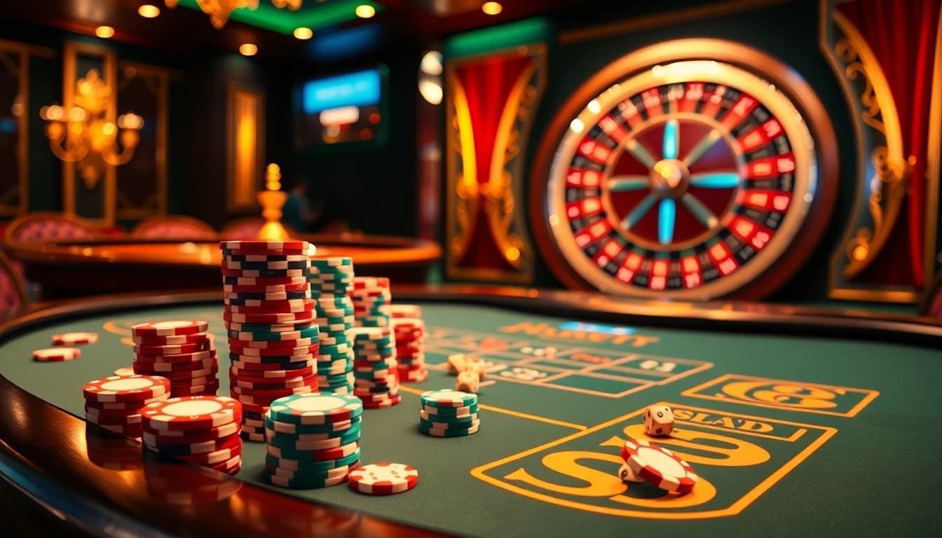 Engage with link 98win at a luxurious casino blackjack table with chips and dice.