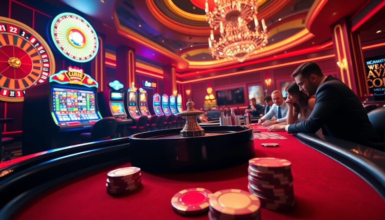Experience high-stakes action at https://vswin.ae.org/ with vibrant casino tables, slot machines, and poker players.
