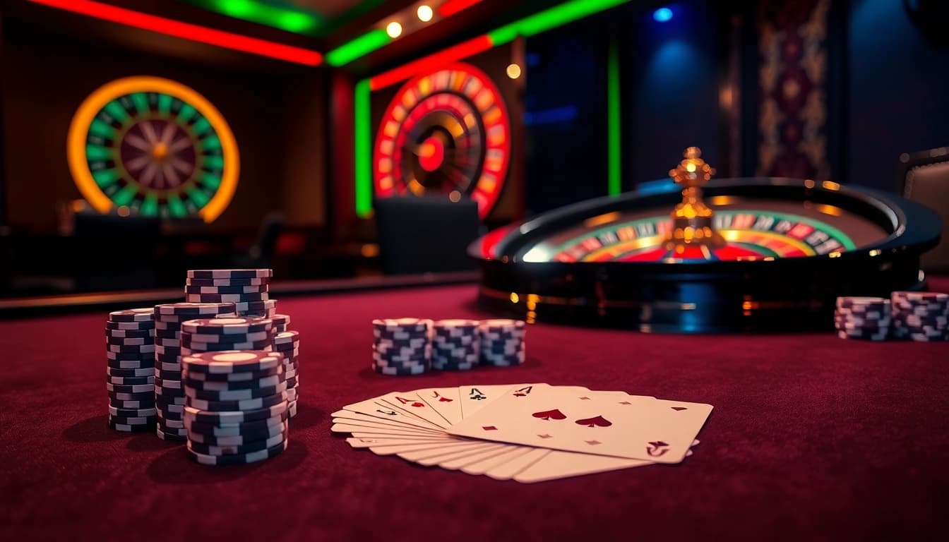 Engage with the excitement of hm88 at this high-end poker table featuring vibrant chips and cards.