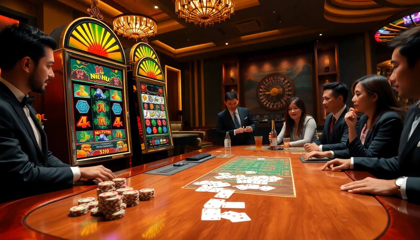 Experience the thrill of nổ hũ at a vibrant casino with slot machines, poker chips, and glamorous ambiance.