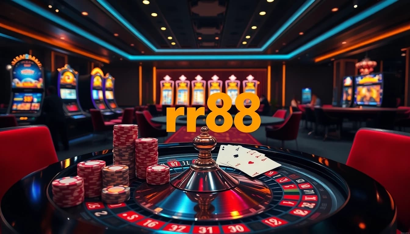 Experience the thrill of rr88 with vibrant casino visuals featuring roulette, poker, and slot games.