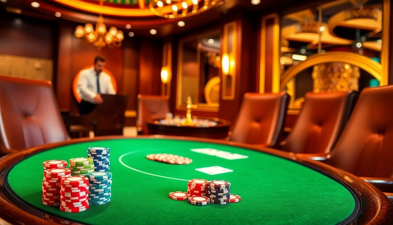 Players strategizing at a luxurious poker table with colorful chips, showcasing https://5mbcr.com/.