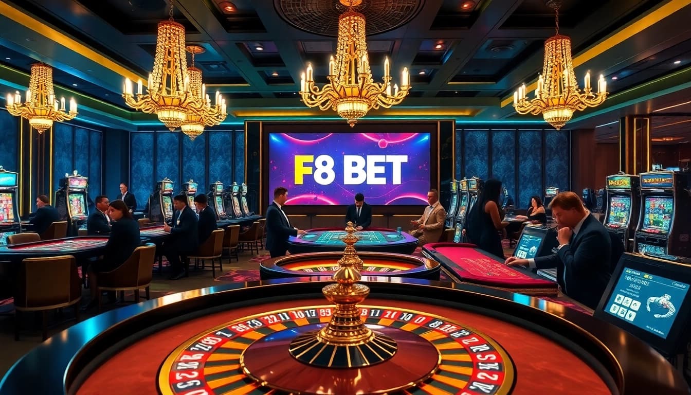 Experience thrilling games at F8 BET with vibrant casino tables, captivating slot machines, and excited players in a luxurious setting.
