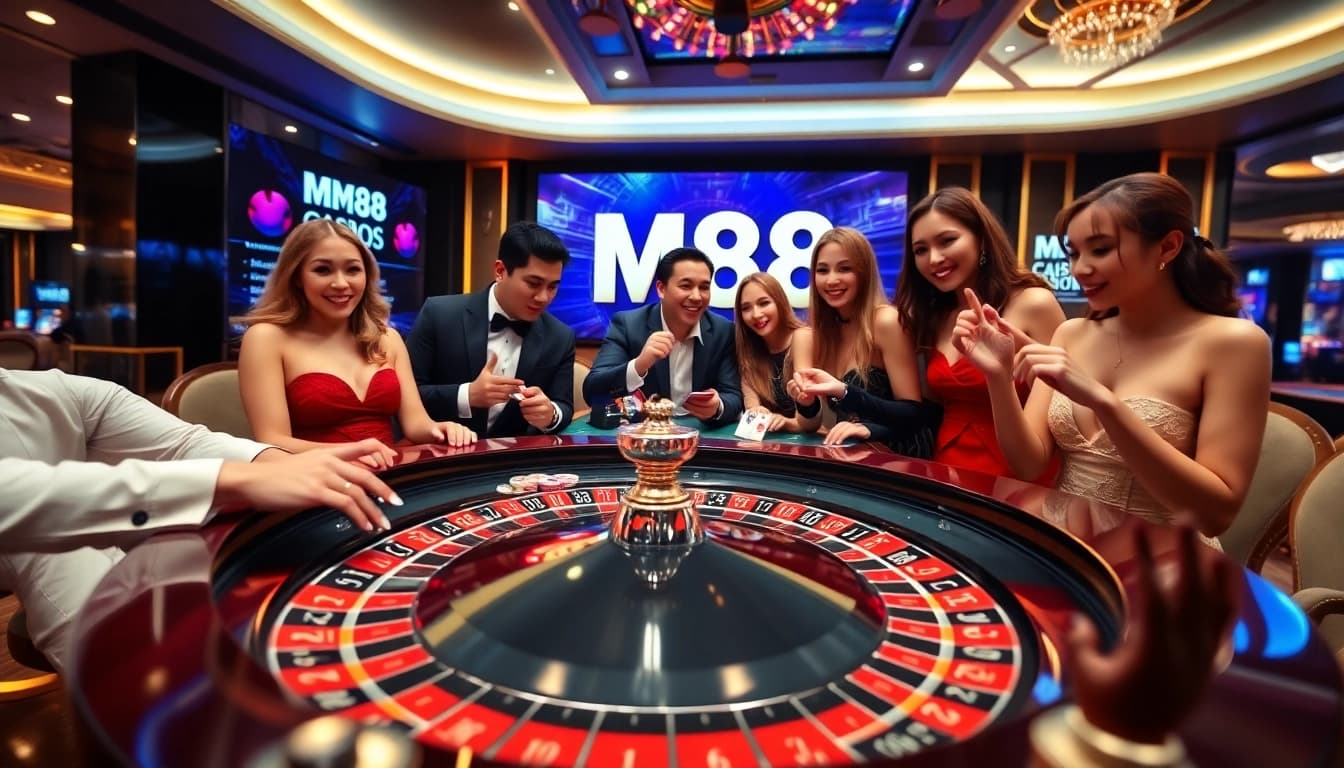 M88 players enjoying a thrilling roulette game in a luxurious casino environment.
