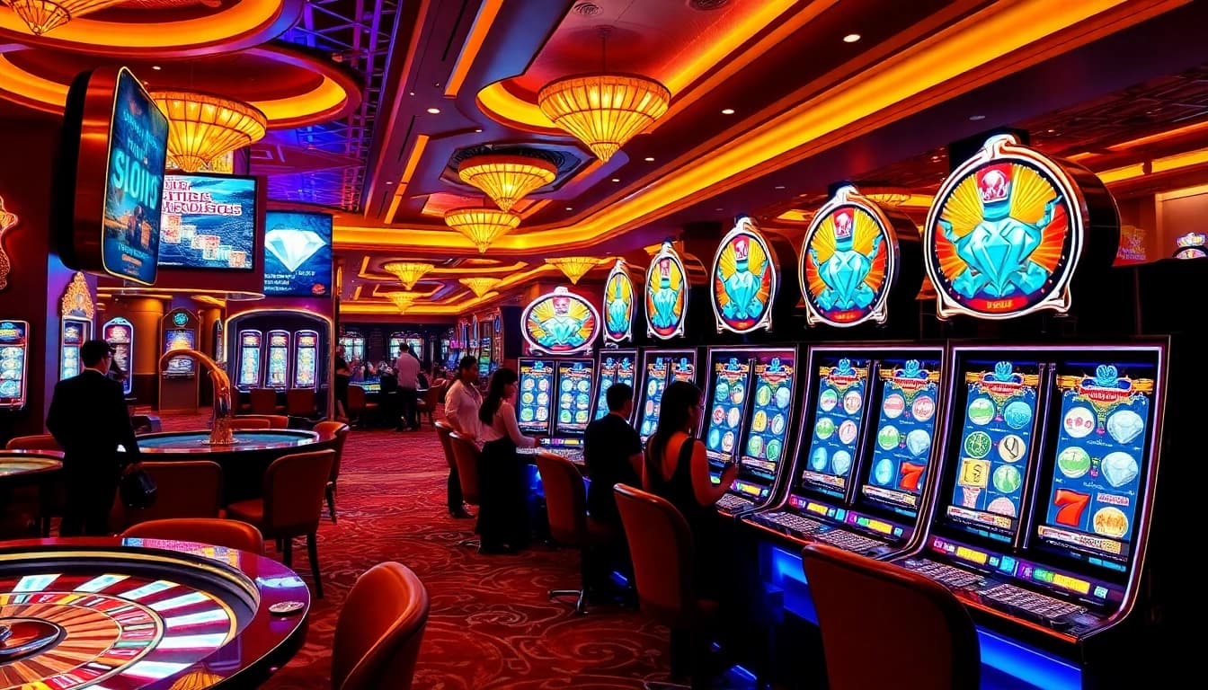Players engaging in Slot Online games amidst a vibrant casino atmosphere, featuring bright slot machines.