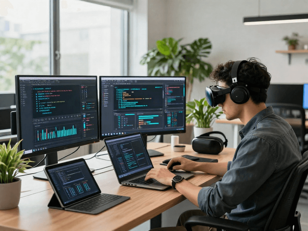 Juicy AI workspace with developer coding on multiple screens in a modern office environment.