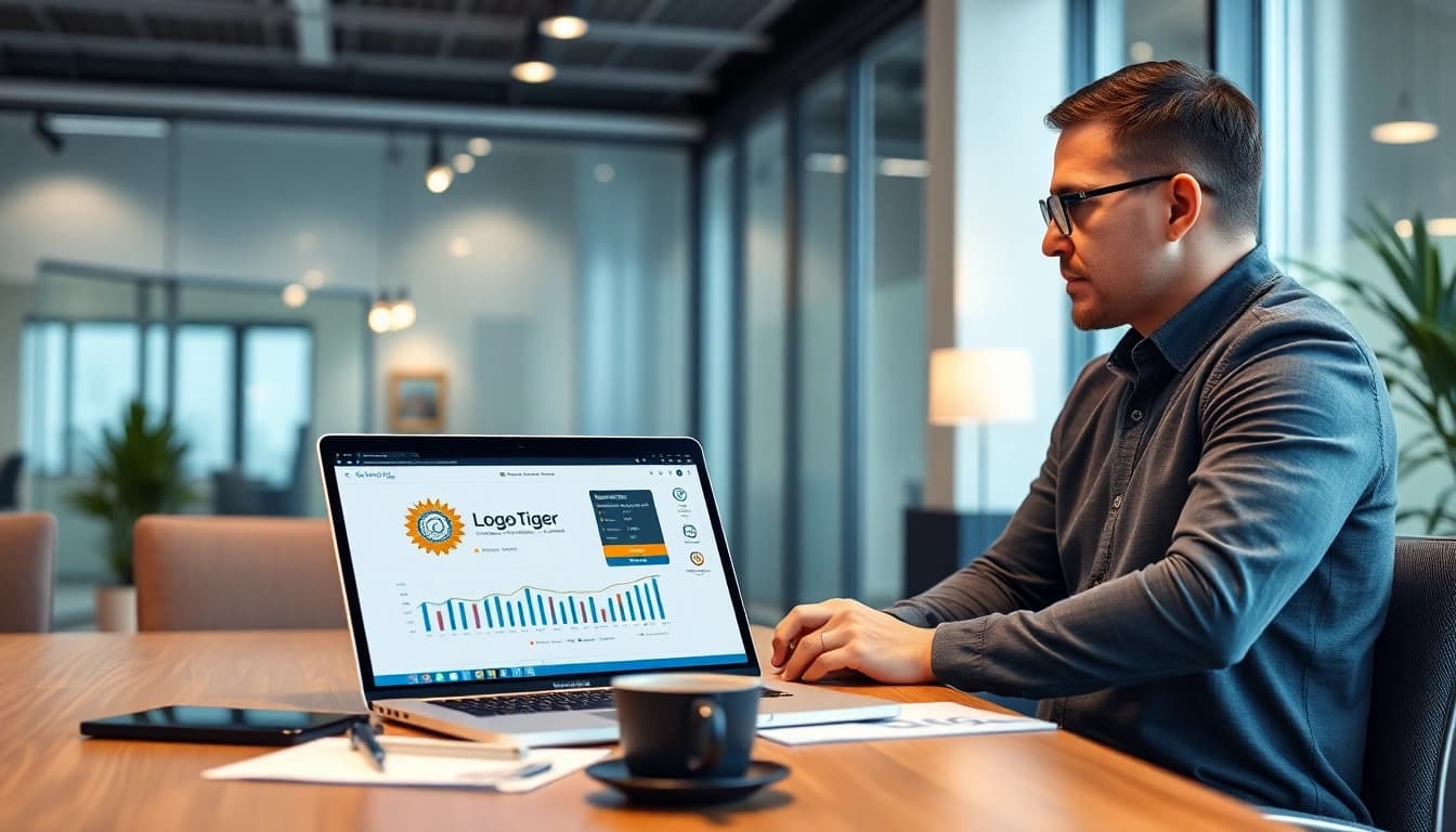 Logo Tiger lisans yenileme process shown in a professional office environment with IT consultant and business owner.