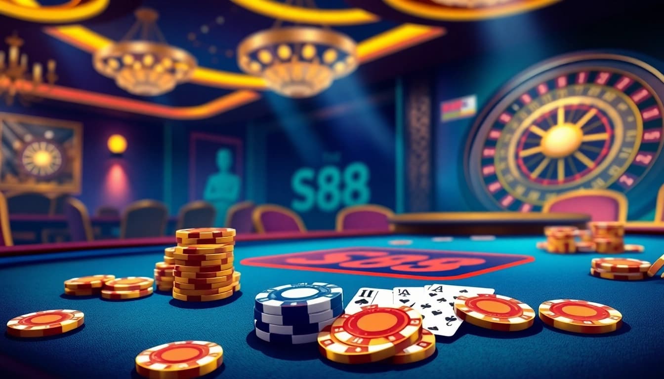 S88 branded poker table action in a luxe casino with chips and cards highlighting thrilling gameplay.