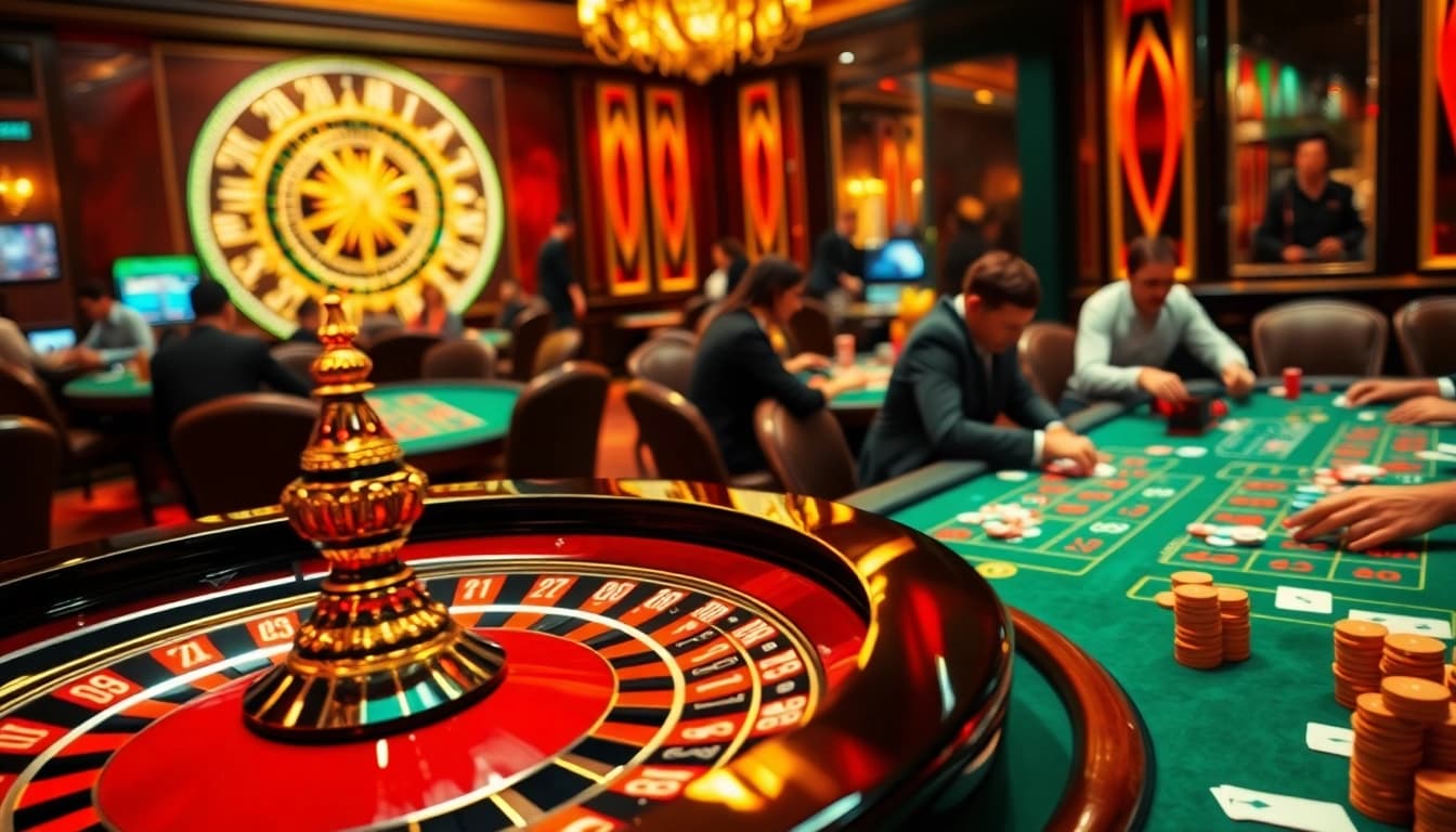 Players enjoying their favorite games at fly88r.net, featuring vibrant casino tables and spinning roulette wheels.