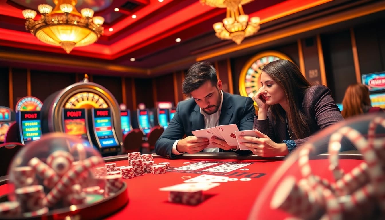Engaged players at QQ888 evaluate cards at a luxury casino poker table.