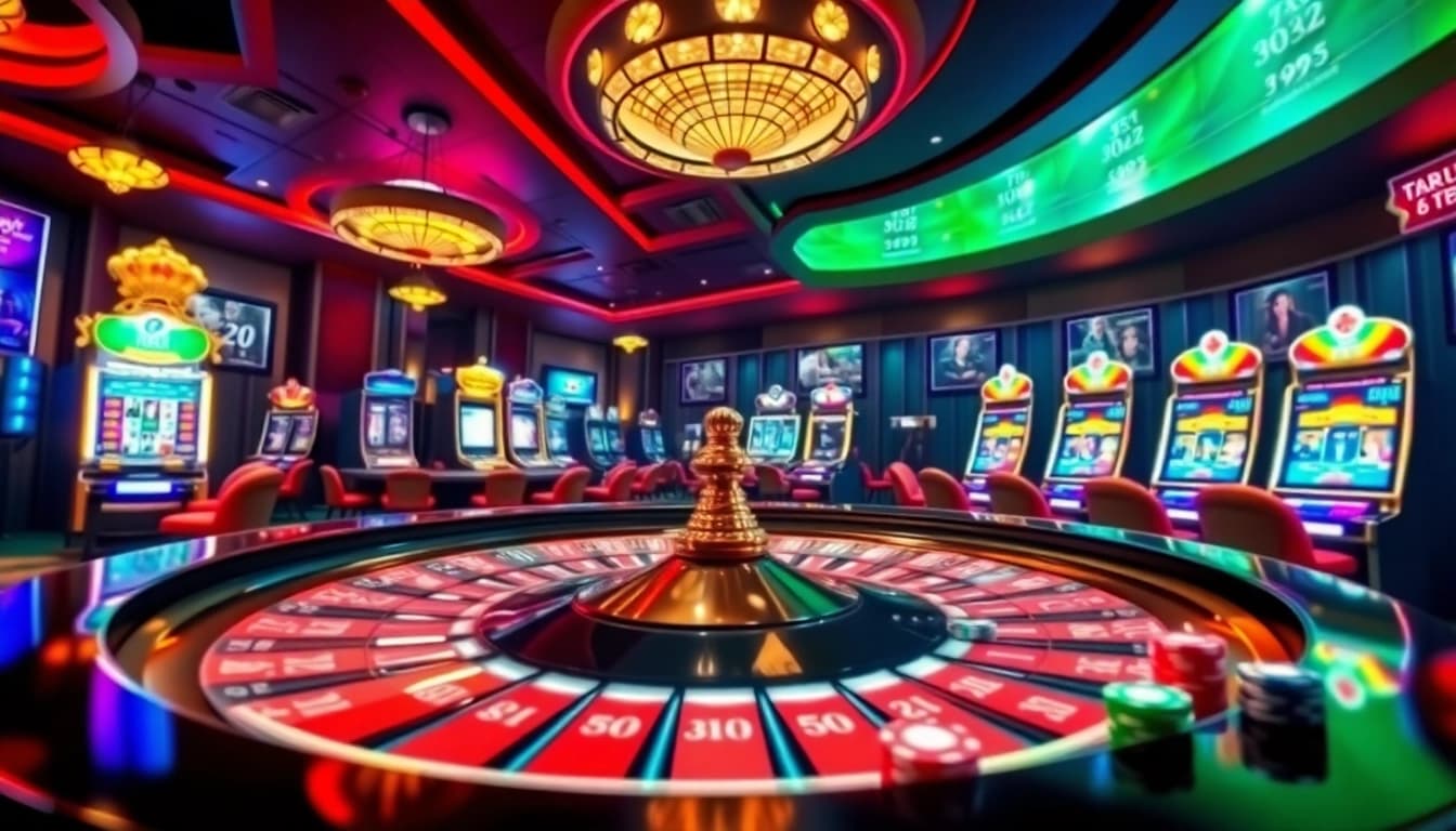 Experience the thrill of RR88 Casino with an elegant roulette table and vibrant poker chips.