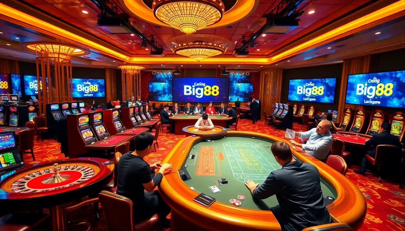 Experience thrilling gaming action at Cổng game Big88 with poker, roulette, and vibrant casino atmosphere.