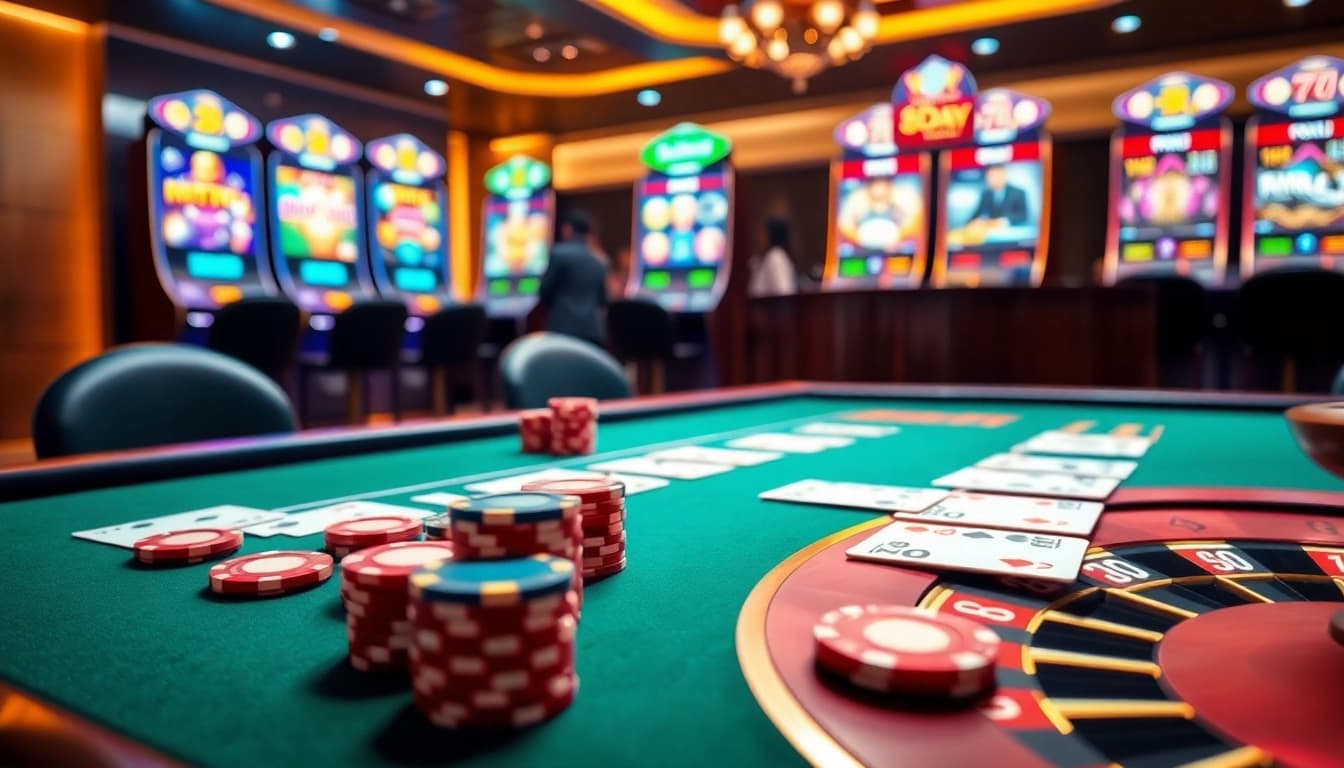 Exciting casino gaming scene featuring table games and slot machines at 8day.