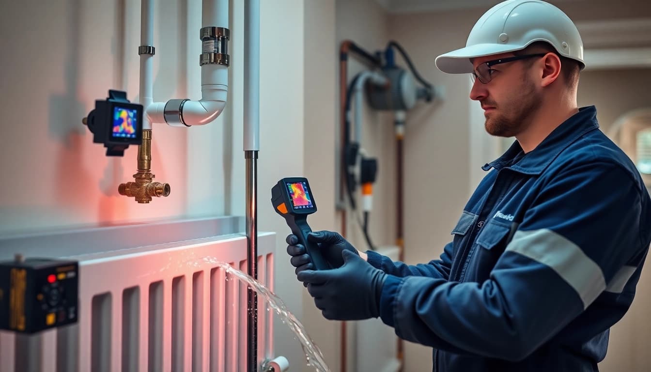 Technician performing a power flush on a central heating system using advanced leak detection tools.