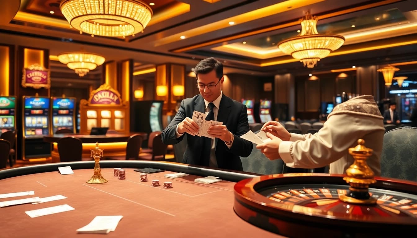 Tác giả Trần Chinh analyzing gameplay at a luxurious casino table highlighting strategic bets.