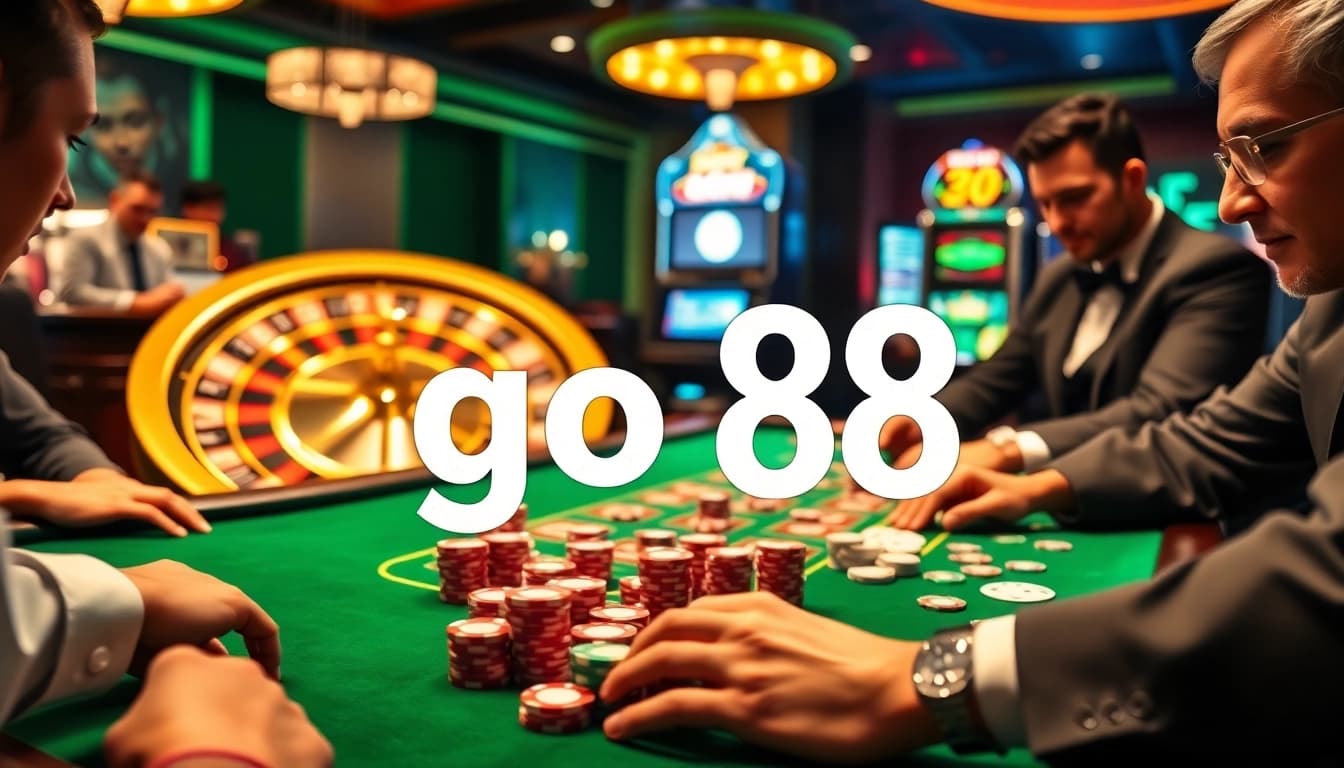 Engage in an exciting casino experience with go 88 gaming tables, vibrant chips, and a thrilling roulette wheel.