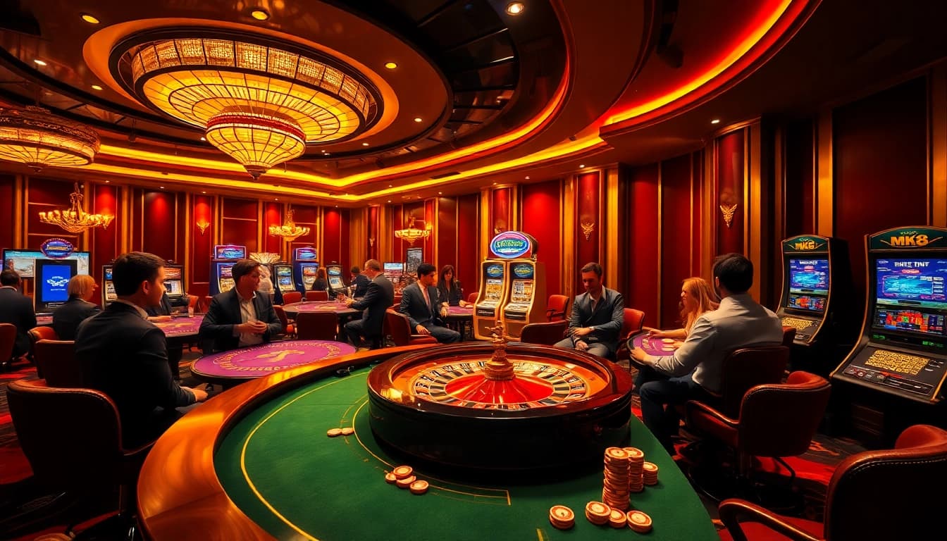 Engaging scene of a stylish casino featuring the MK8 platform, captivating gamblers at roulette tables and poker games.