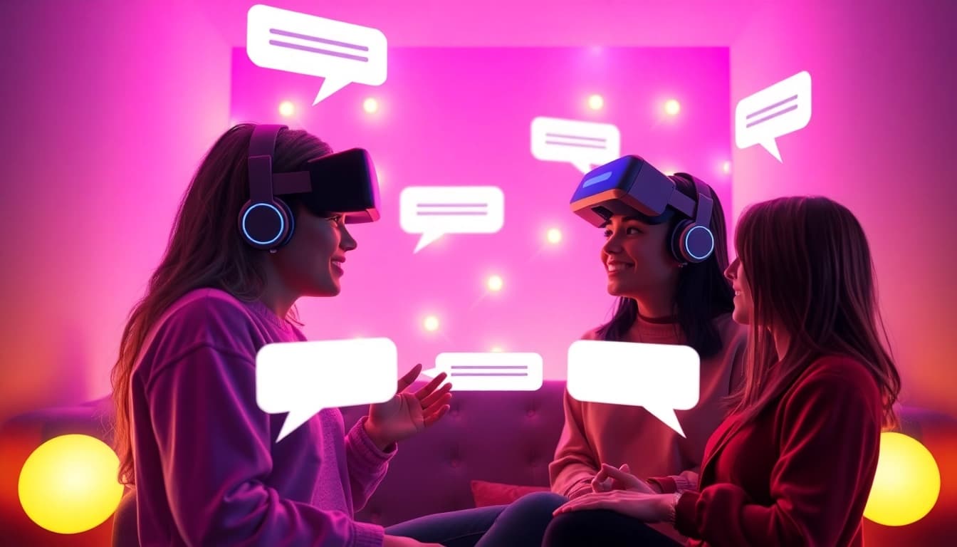 A close-up view of interactive AI characters in a cozy virtual chat room, showcasing engaging moments in ai sex chat.