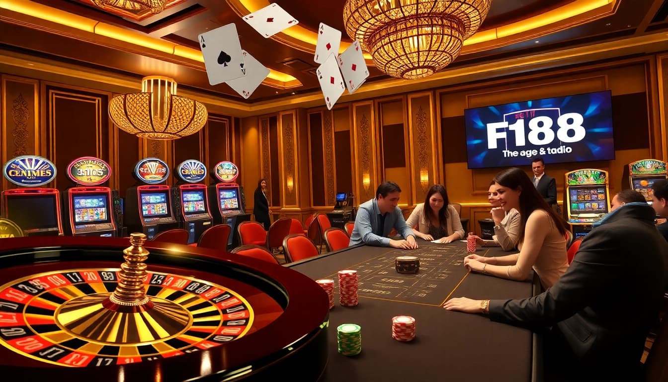 Experience winning at F168 with vibrant casino visuals including roulette, poker chips, and joyful players.