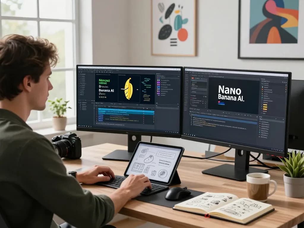 Creative professional using nano banana ai at a modern workstation with dual monitors and digital design tools.