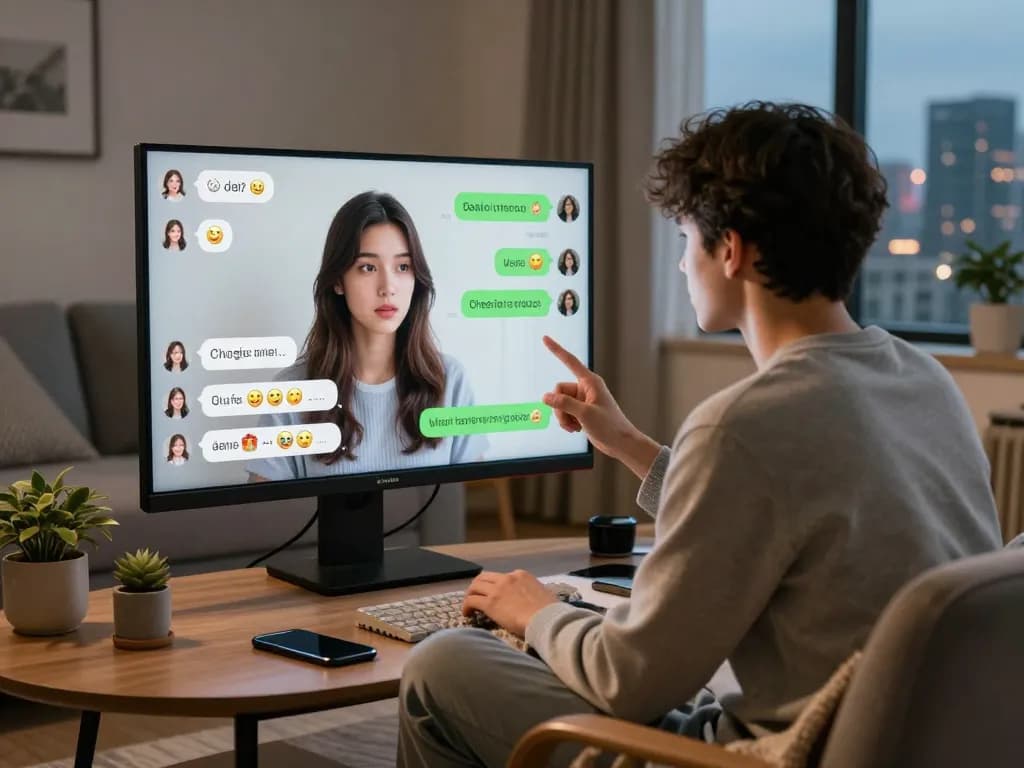 AI girlfriend conversation on a screen with a relaxed individual, showcasing modern virtual companionship.
