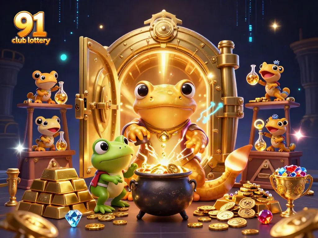 Play exciting games at the 91 club lottery, featuring magical illustrations of alchemists and treasure.