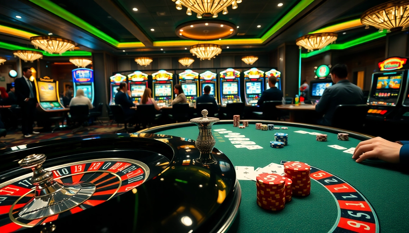 Exciting casino scene with roulette and poker games, showcasing https://hb88.jp.net/ for gamblers.