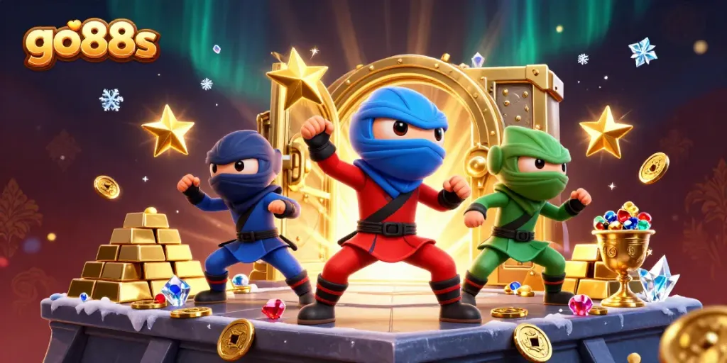 Engaging go88s illustration featuring chameleon ninjas amidst stunning treasure and casino elements.