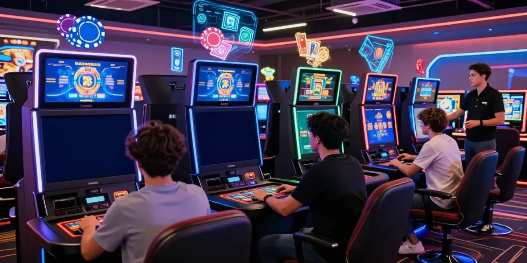 Engaging gaming scene highlighting non GamStop casino games with diverse players in a vibrant lounge atmosphere.